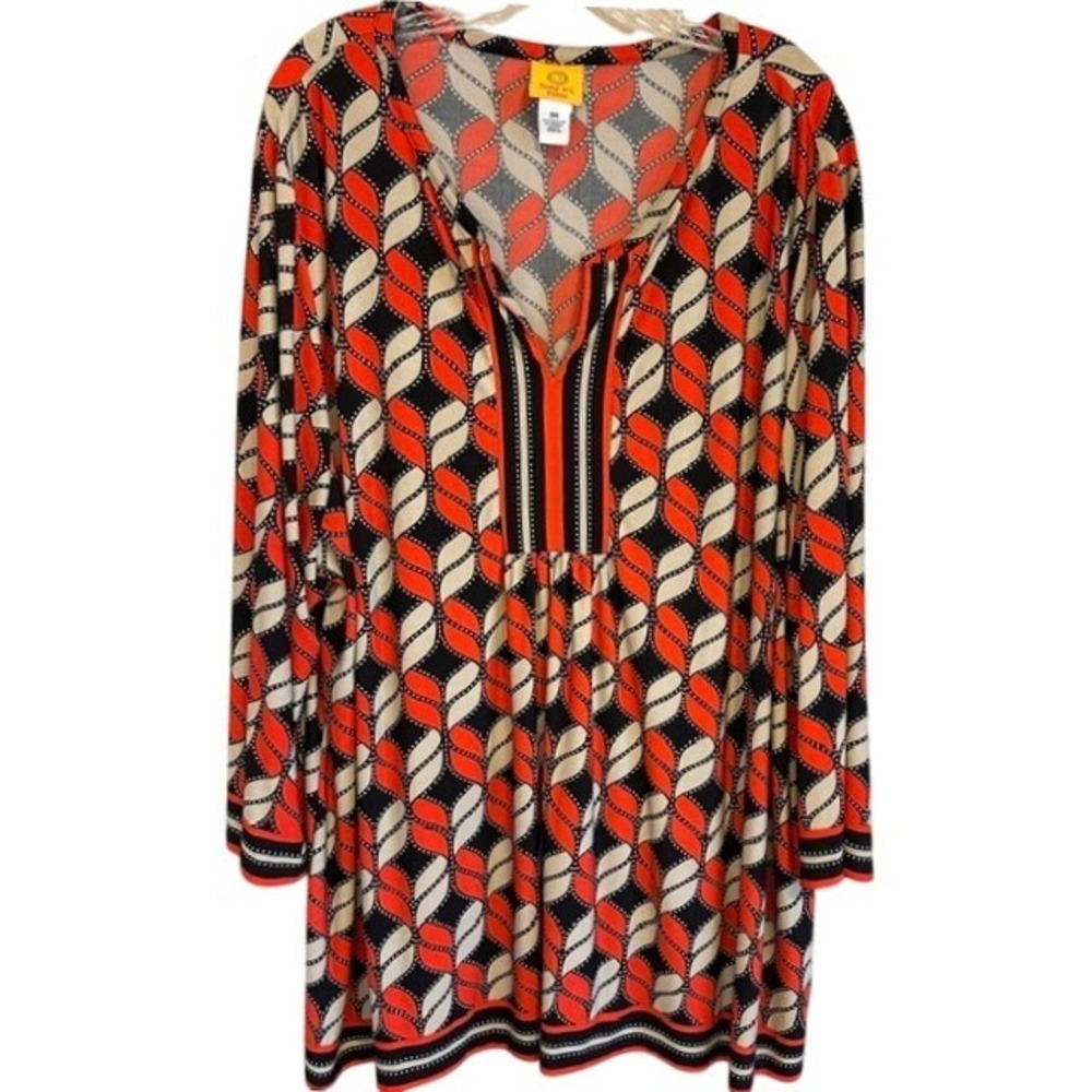 Ruby Rd Women's Black Red Tan V-neck 3/4 Sleeve Tunic Blouse Top 3X Stretch